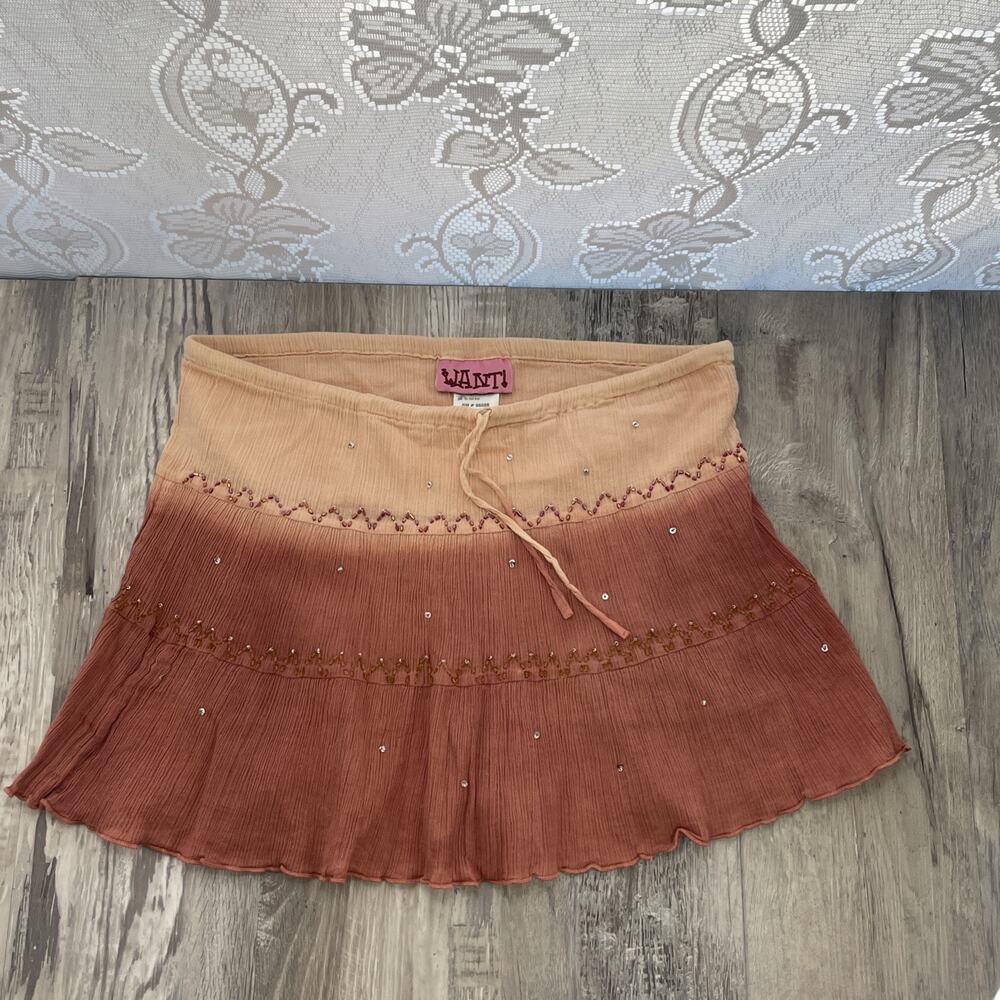 WANT! Ruffle Mini Skirt Peach Pink Flow Bead Sequin 100% Cotton Vintage Y2K sz S